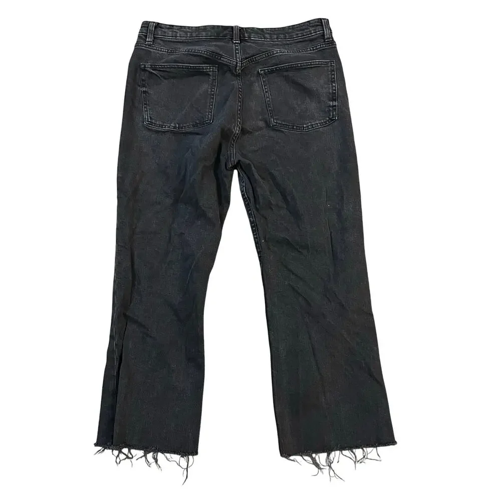 Zara High Rise Black Straight Leg Jeans Womens 14 Raw Hem Indie Scene Grunge